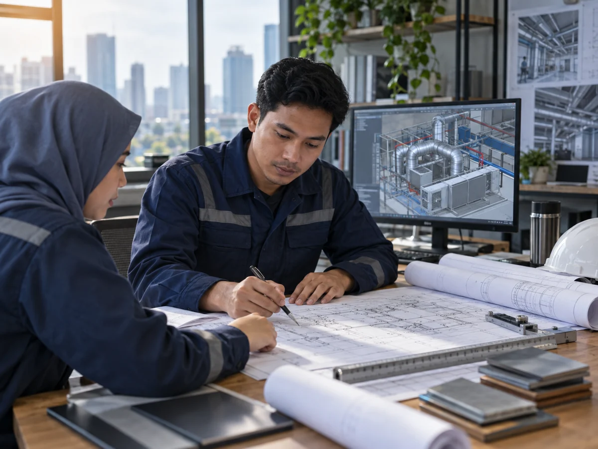 Ilustrasi perencanaan desain dan gambar teknis sistem engineering