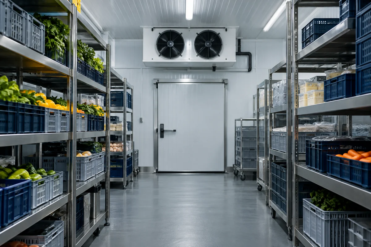 Ilustrasi interior cold storage dengan evaporator industri