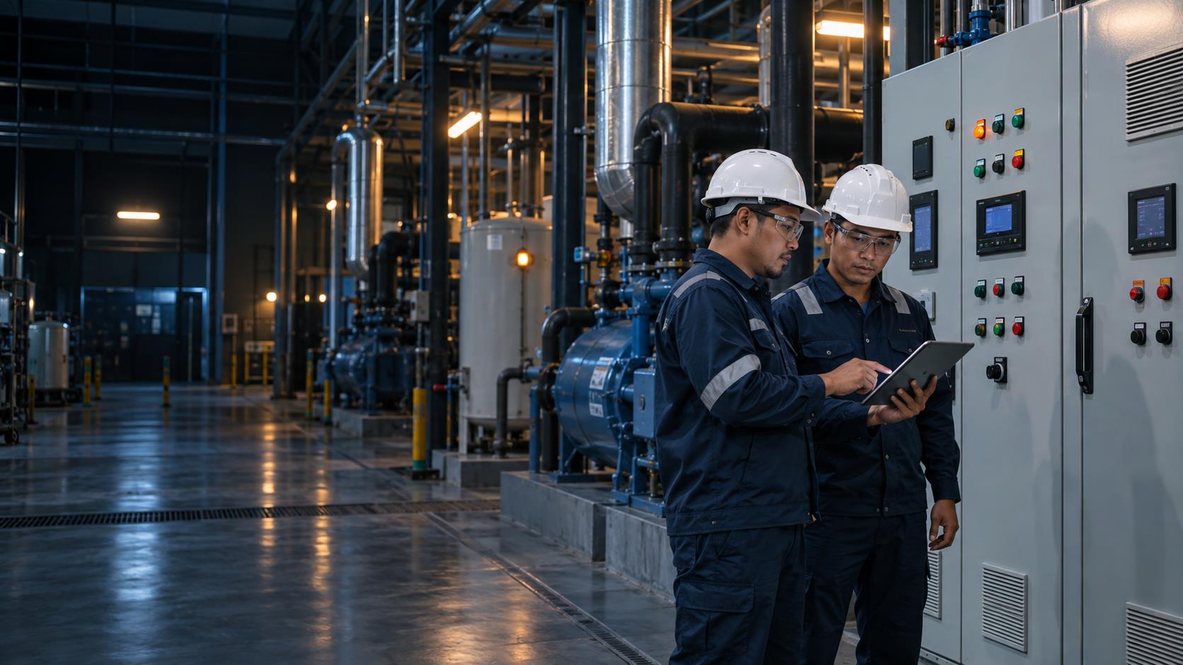 Ilustrasi teknisi engineering memeriksa panel kontrol