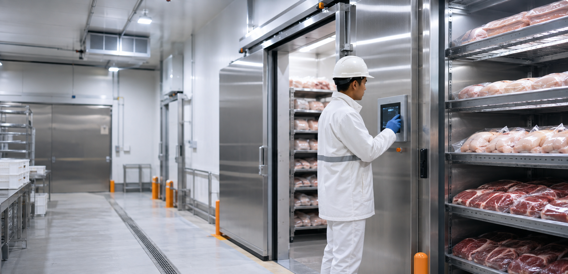 Engineer memeriksa panel kontrol pada fasilitas cold room daging