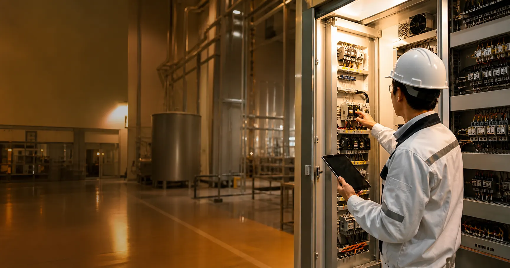 Teknisi melakukan service sistem cold storage industri